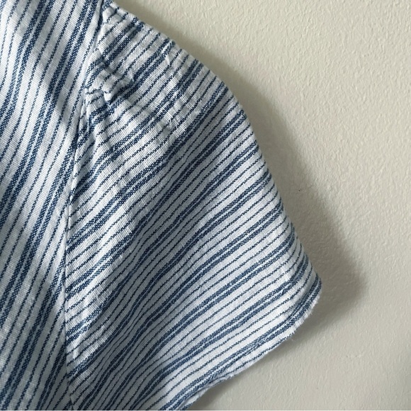 AE Linen Blend V-neck Blue White Pinstripe Tiered Ruffle Mini Dress - Picture 5 of 11